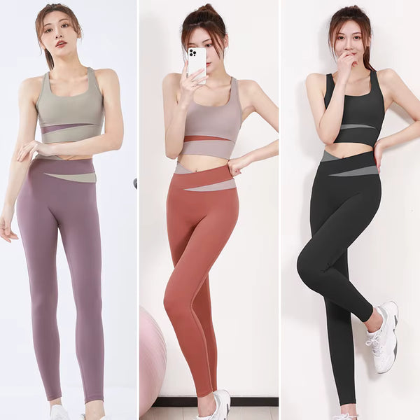 Three women modeling different color combinations of sports bras and leggings.