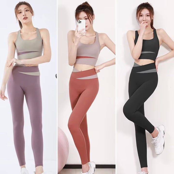 Three women modeling different color combinations of sports bras and leggings.