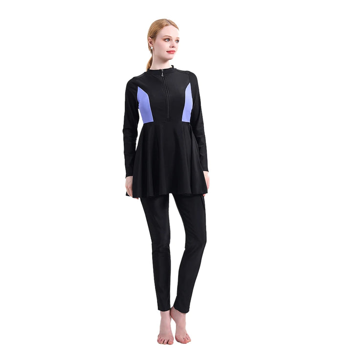 VioletWave burkini set displayed with front zip and graceful skirt-style tunic