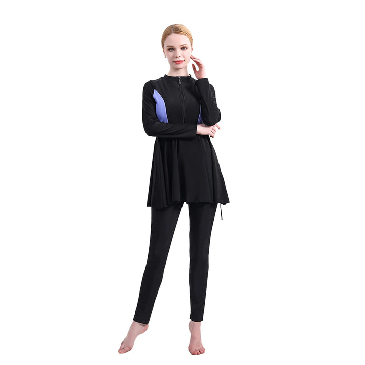 VioletWave modest 3-piece burkini set with front zipper and flowy tunic design