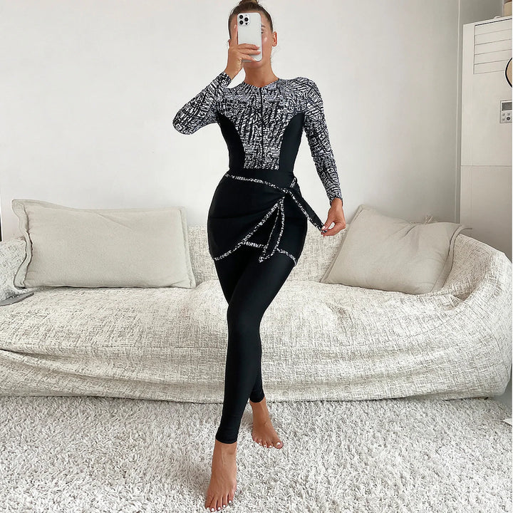 WaveLuxe 3PCS Burkini Modest Beachwear rock printed long-sleeve top and leggings