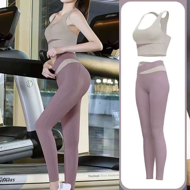 Woman in a gym wearing a beige sports bra and mauve leggings, with inset images of the clothing.