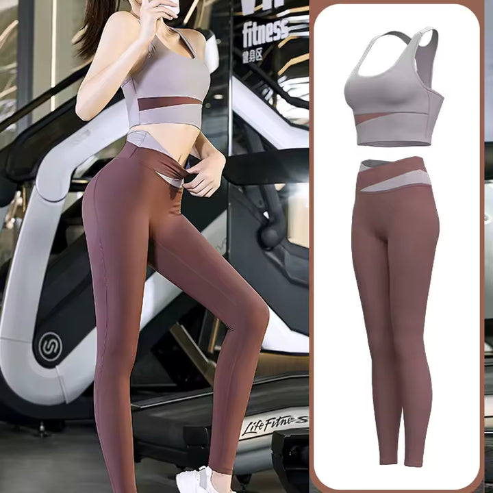 Woman wearing a gray sports bra and brown leggings with a close-up of the outfit on the right.