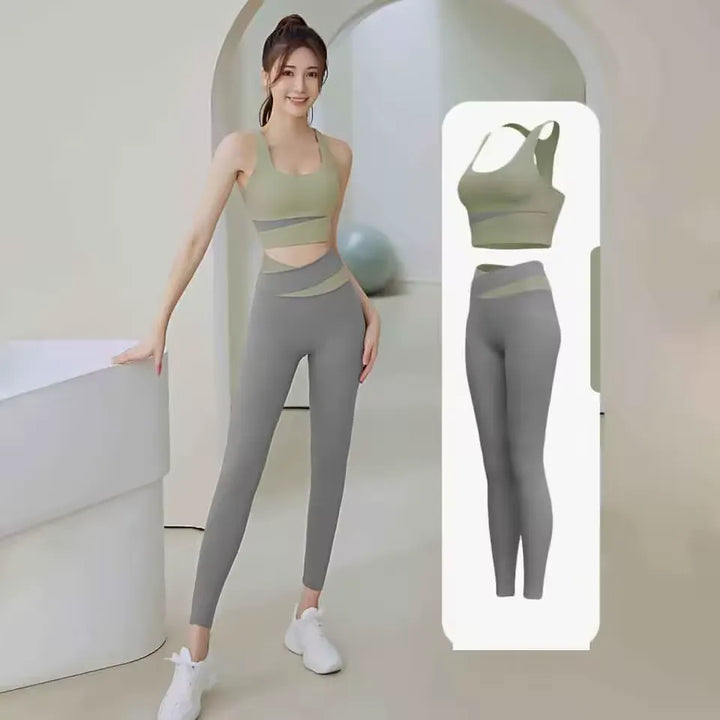 Woman wearing a green sports bra and gray leggings with an inset showing the product details.