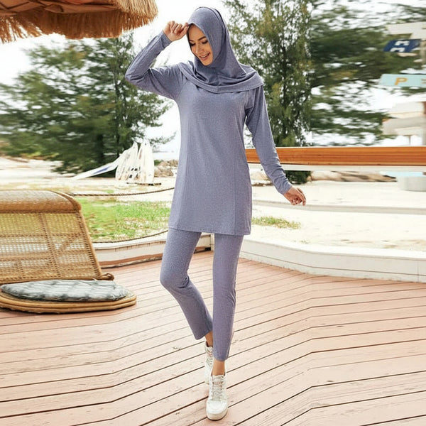 Zen Motion modest activewear set in Soft Ash gray