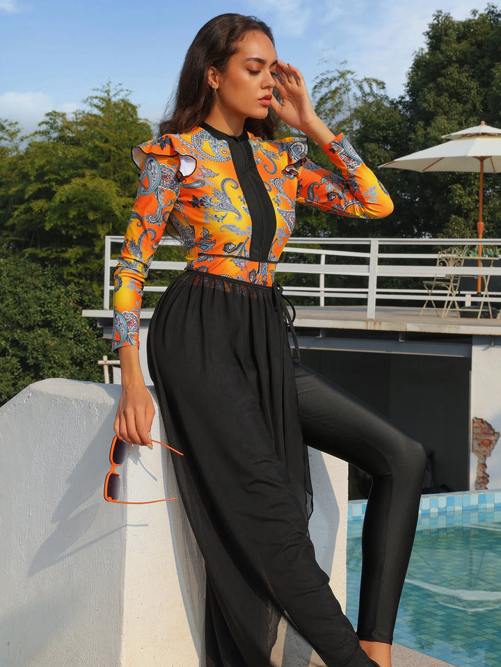 Zipper detail and neckline trim on modest Islamic swimsuit top