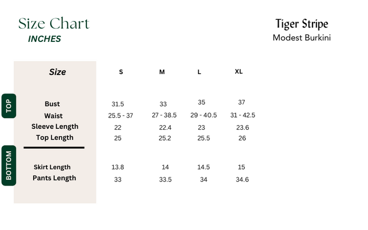 beach modest swimwear size chart