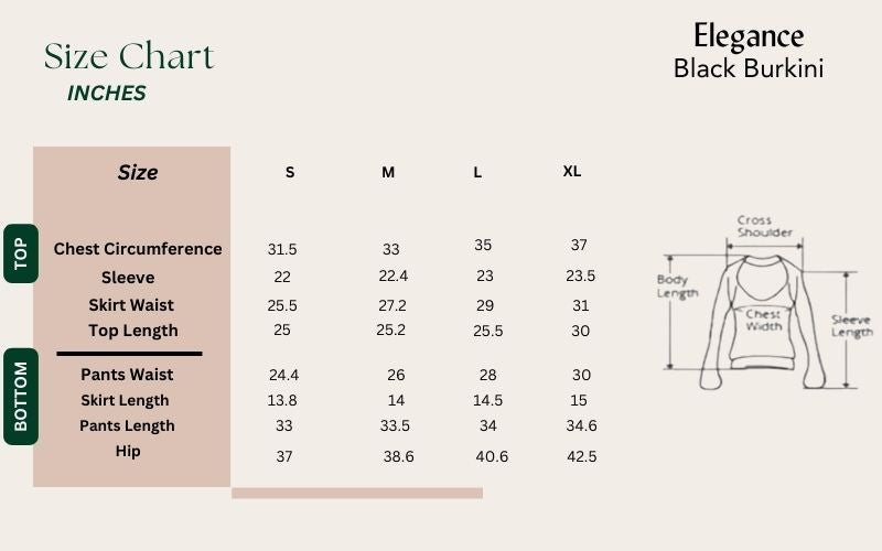 black burkini size chart