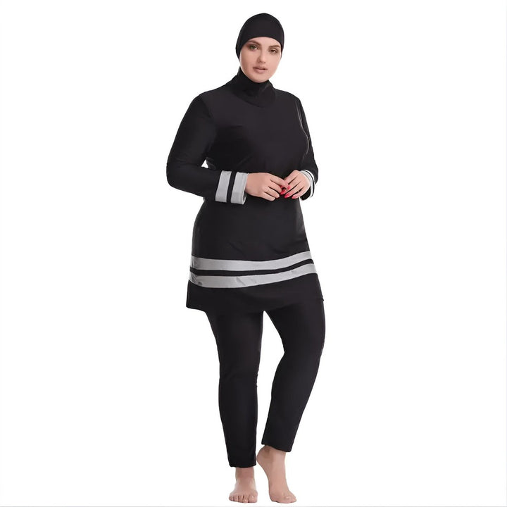 black burkini with gray strip bottom 