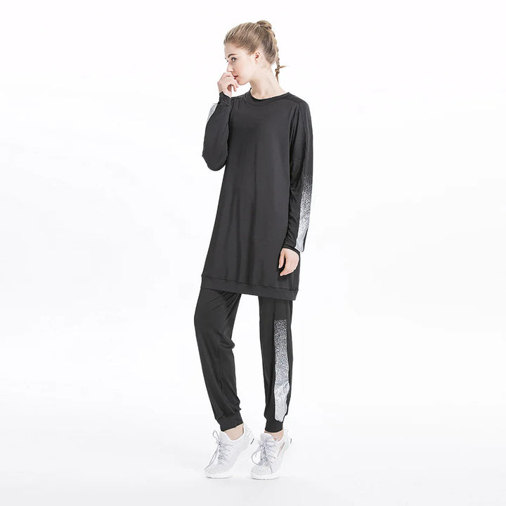 black color options of modest athletic wear laid flat on neutral background