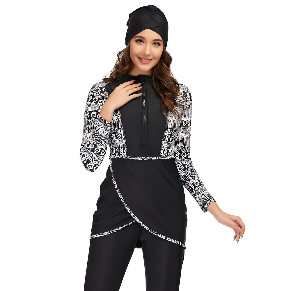 bohemian arms modest burkini with swimming cap
