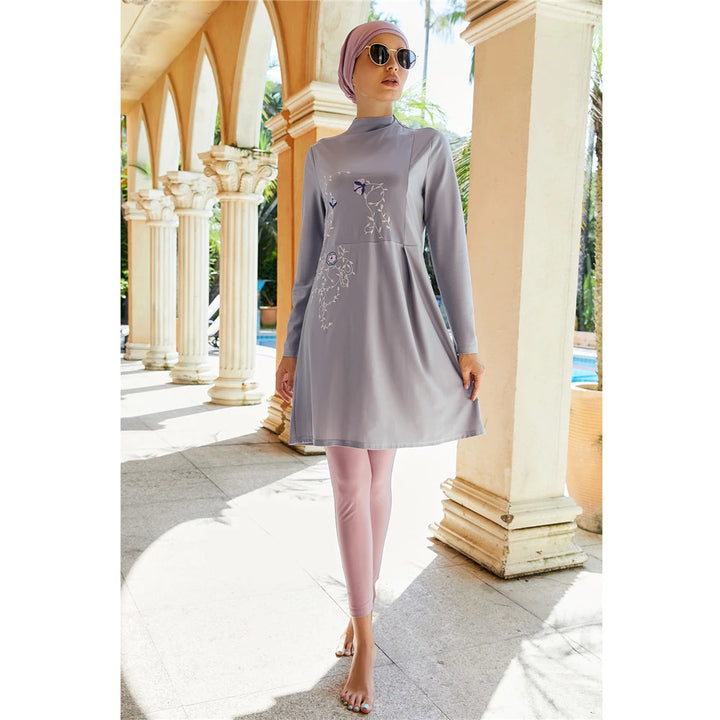 embroidery gray modest swimwear