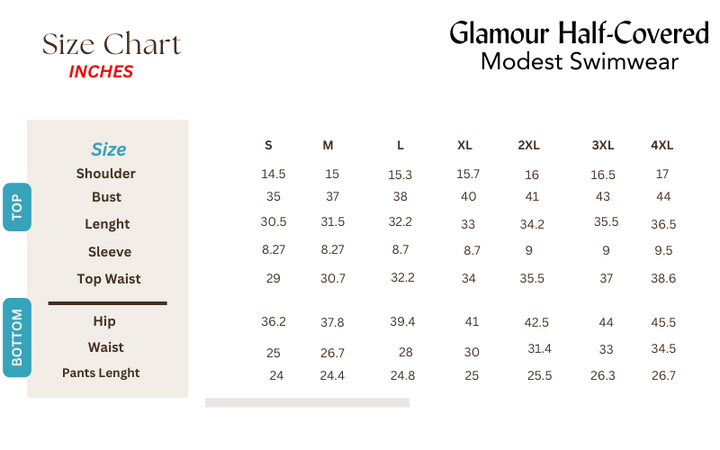 half covered Modest Swimsuit size chart