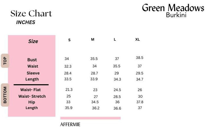 green meadows burkini size chart