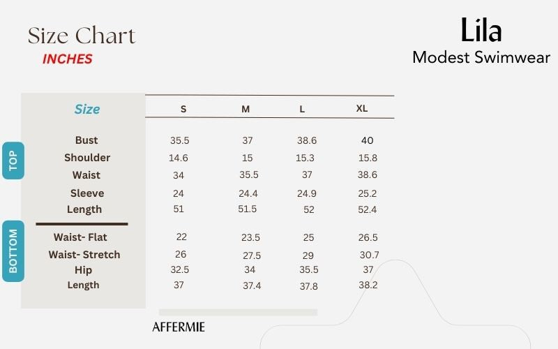 lila modest swimwear size chart