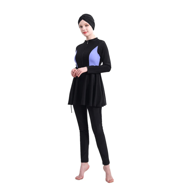 VioletWave modest 3-piece burkini set with front zipper and flowy tunic design