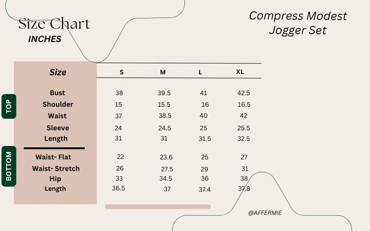 modest jogger set size chart