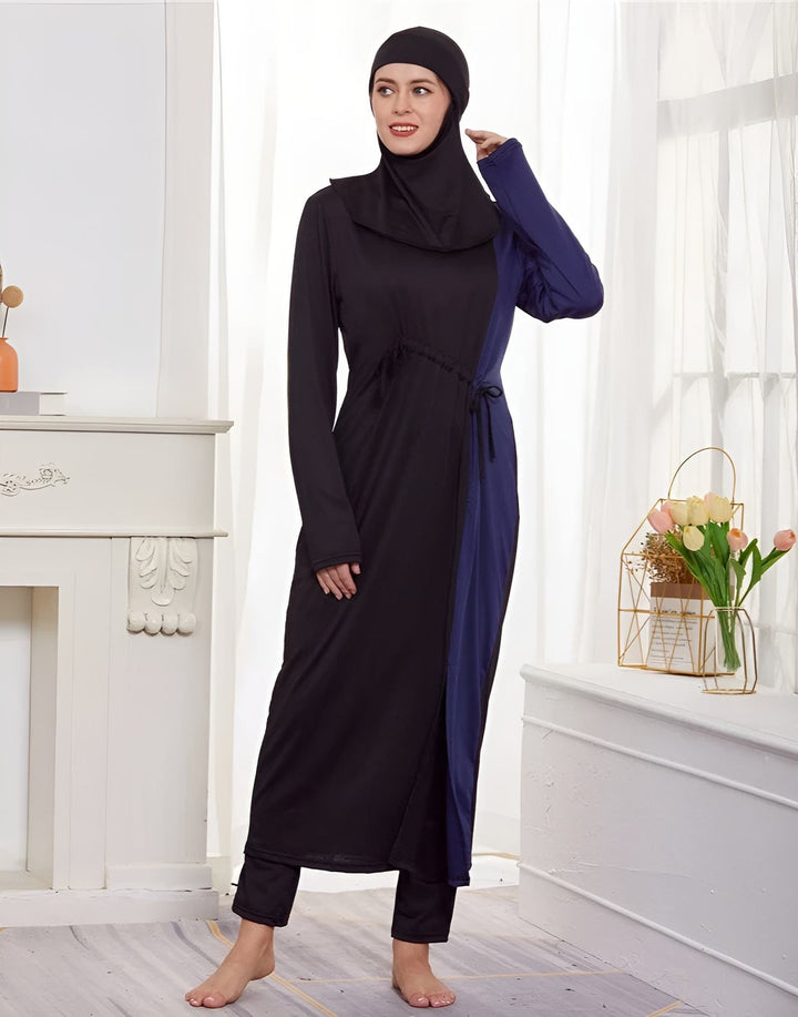 muslim girl wearing black blue burkini