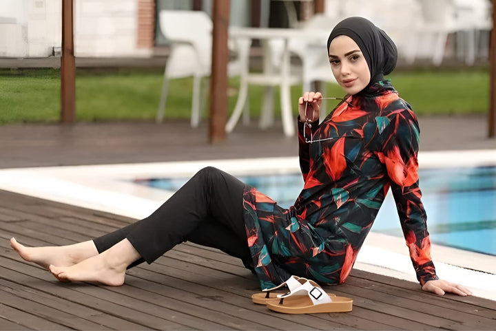 muslim girl wearing modest swimwear by pool