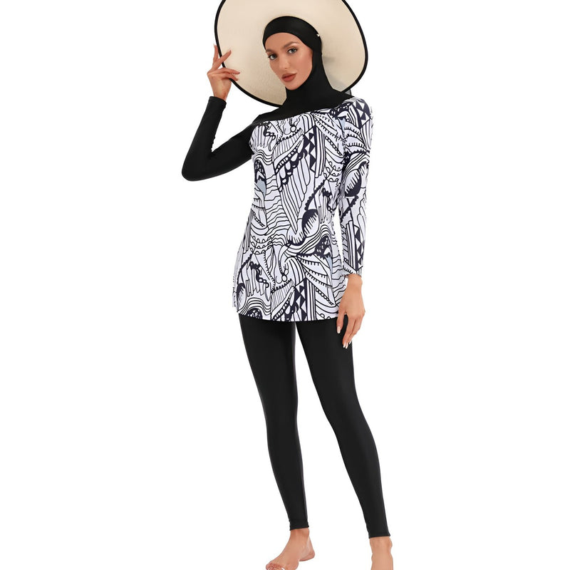 muslim lady wearing White & Black Burkini 3pc Set