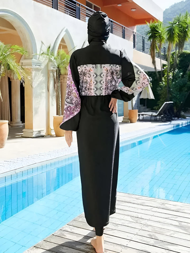 muslim women wearing black burkini by pool