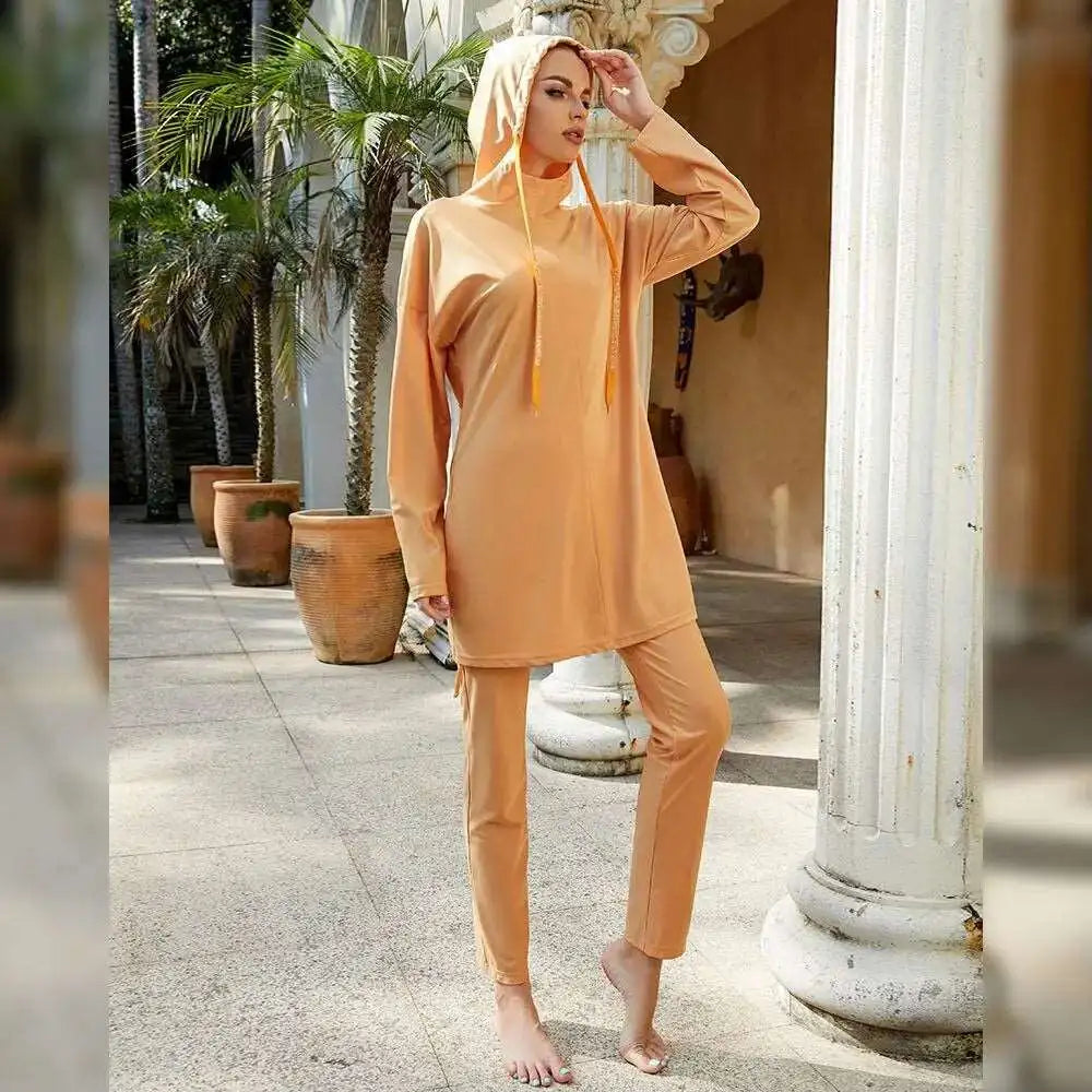 orange modest swim suit muslim women wearing it