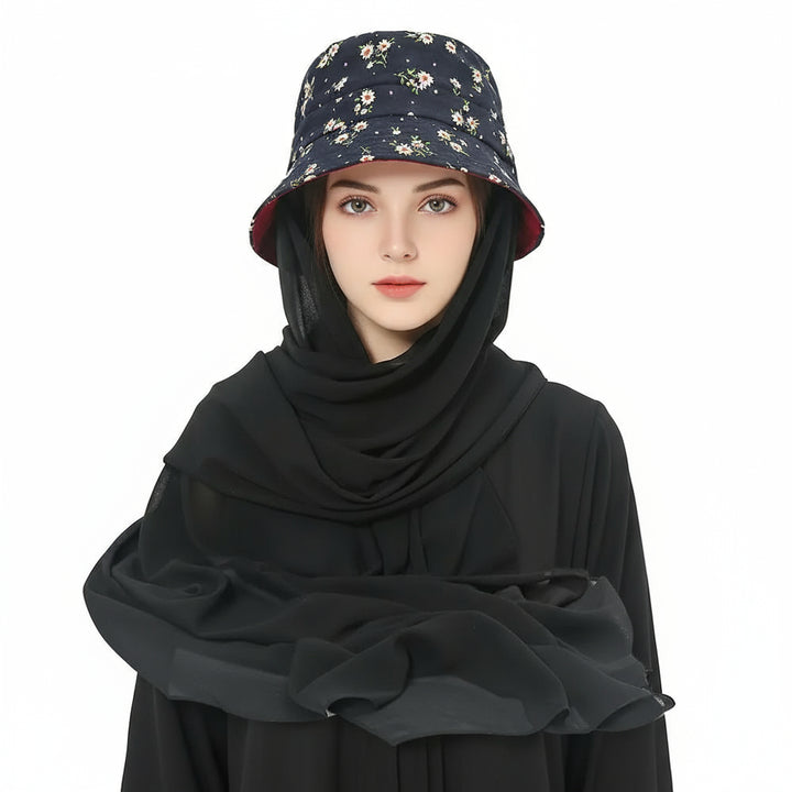 ChicDye: Fashionable Chiffon Hijab Cap Black- White/pink Flowers