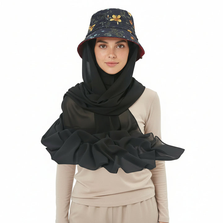 ChicDye: Fashionable Chiffon Hijab Cap Black- Yellow Flowers
