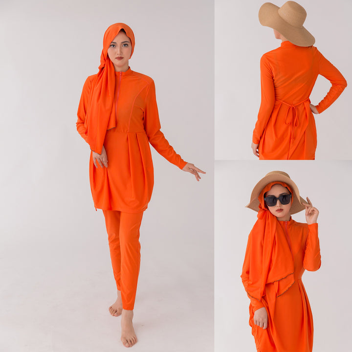 Front view of full-coverage Islamic swimming suit with hood and hijab