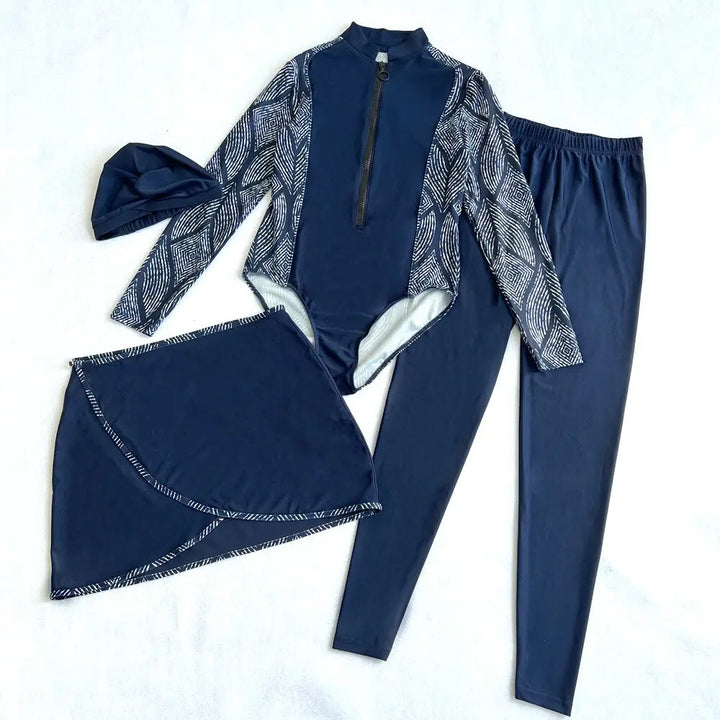 Summer Stripes Delight Modest Muslim Swimwear Set Navy Belt