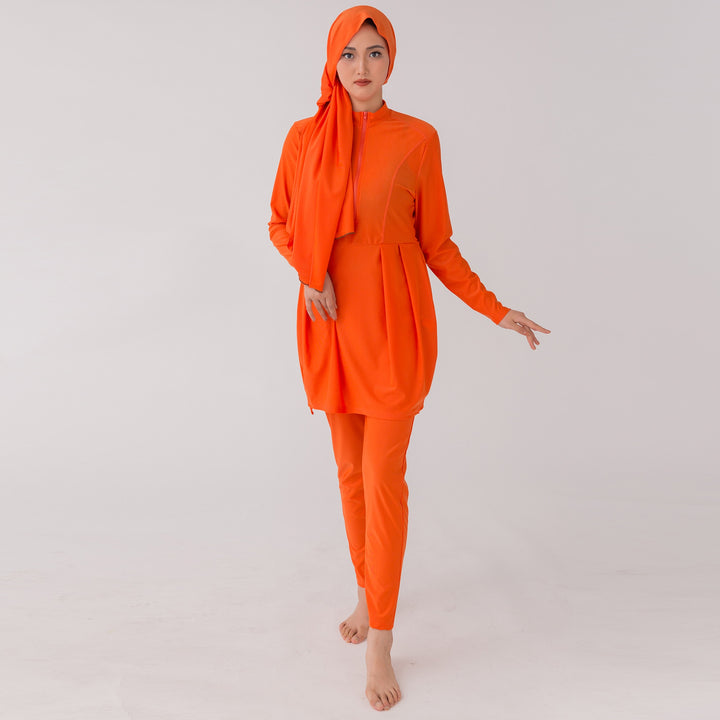 Close-up of hooded swim cap attached to Islamic swimwear top