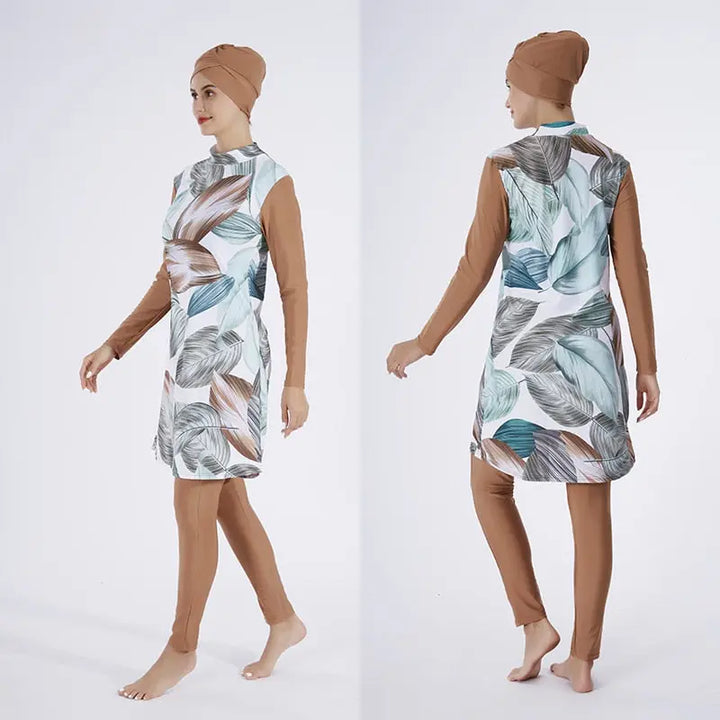 LeafyChic: Modest Leaf Print Burkini - Stylish 4pcs