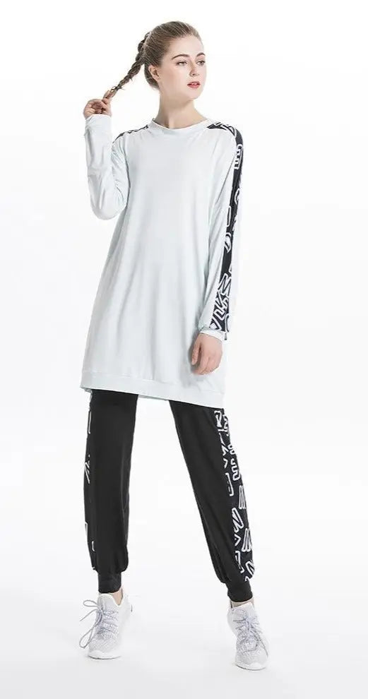 Jogging Modest Sportswear Set-2pcs White top with black pant